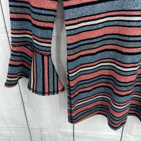 Free People SMALL Surprise Party Tee Shirt Top Blouse Glitter Stripe Bell Sleeve - Picture 6 of 8